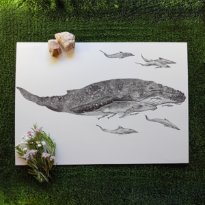 Whale wall art, ink drawing.