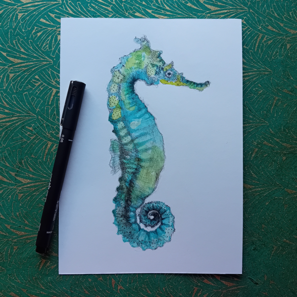 Green seahorse watercolor, original. - Image 2