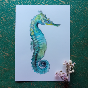 Green seahorse watercolor, original.