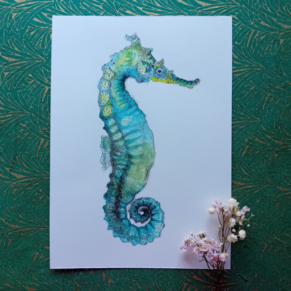 Green seahorse watercolor, original.