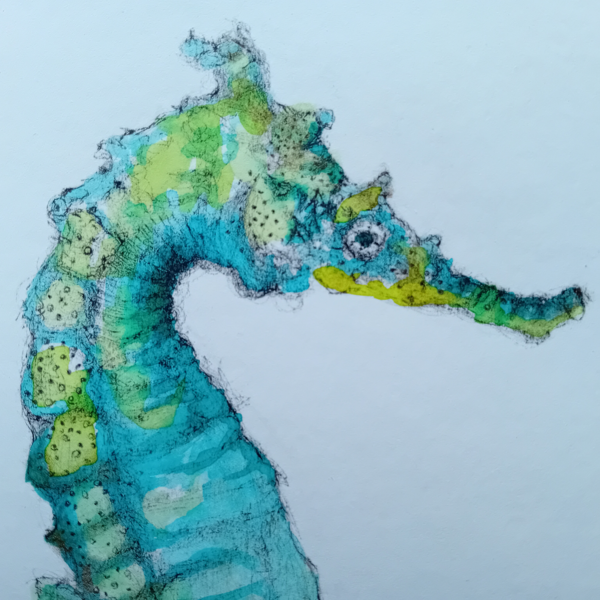 Green seahorse watercolor, original. - Image 3