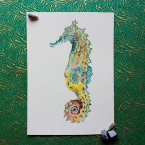 Seahorse Watercolor Handmade Drawing