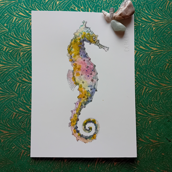 Rainbow seahorse watercolor, A5 original.